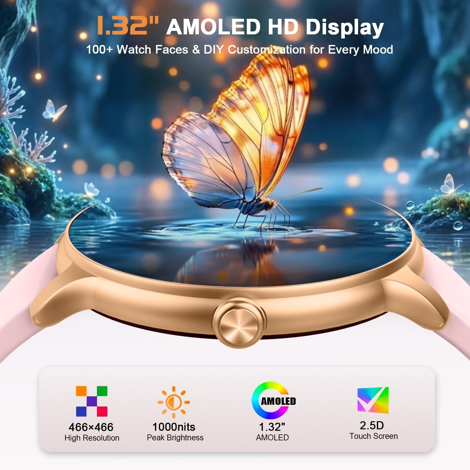 Lightweight Smart Watch for Women, 1.32” AMOLED, Fitness Tracker, Calls, IP68 W