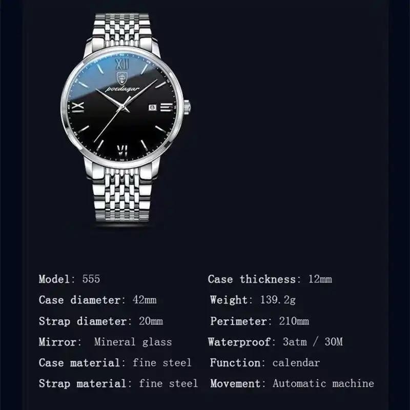 POEDAGAR top brand watch men stainless steel business date clock waterproof