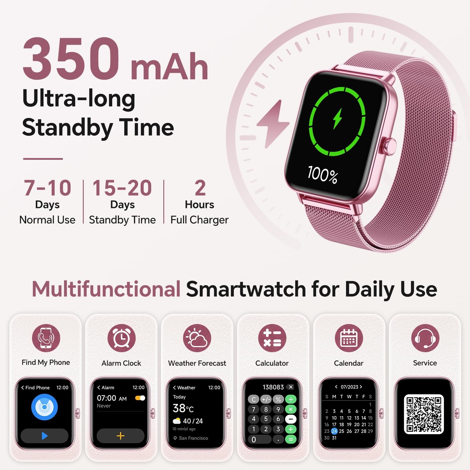 Women’s Smart Watch 1.85” HD, Calls/SMS/Reminders, Fitness Tracker, Heart Rate,