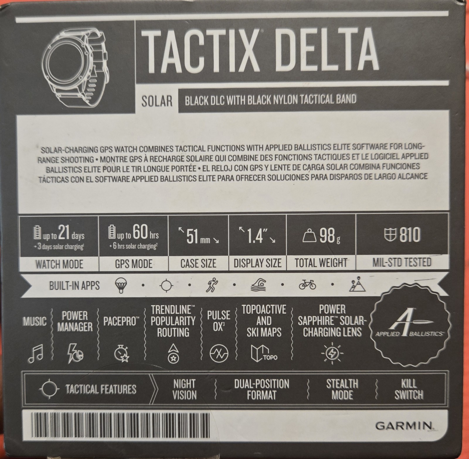 Garmin tactix Delta Solar with Applied Ballistics GPS Smartwatch 51mm