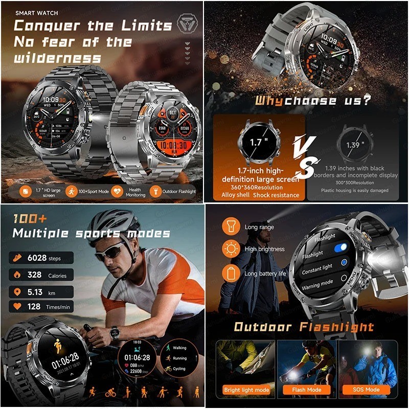 New Outdoor Military Grade 1000mAh Battery Smart Watch Men 1.7 inches AMOLED Scr