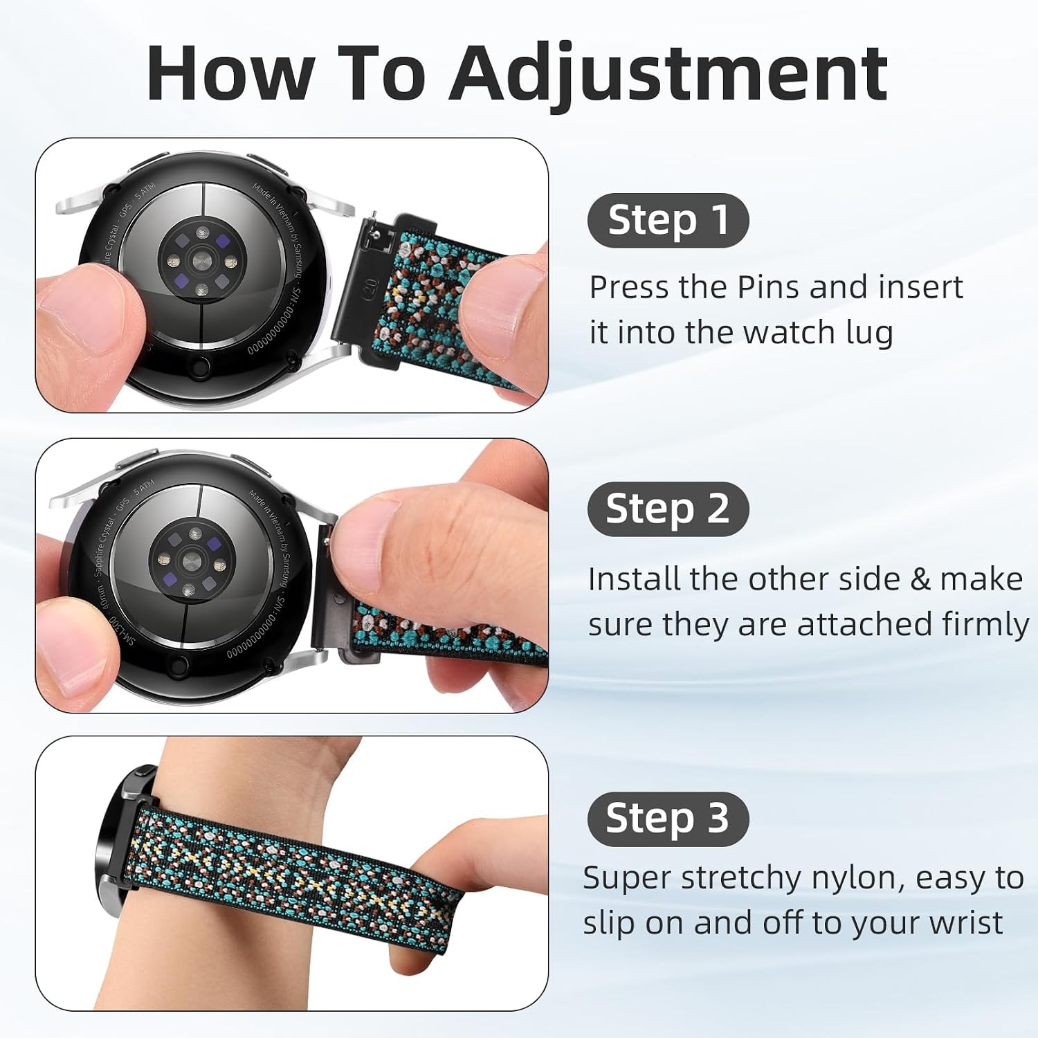 Adjustable 3-Pack Nylon Watch Bands Quick Release for 16mm 18mm 20mm 22mm Straps