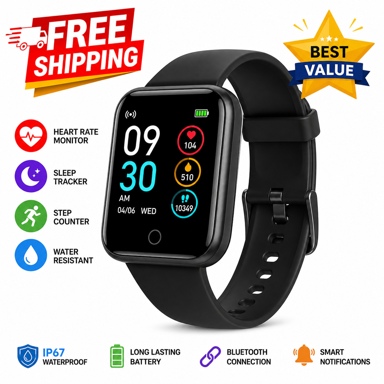 Fitness Tracker Watch Heart Rate Sleep Monitor Step Counter Waterproof Activity