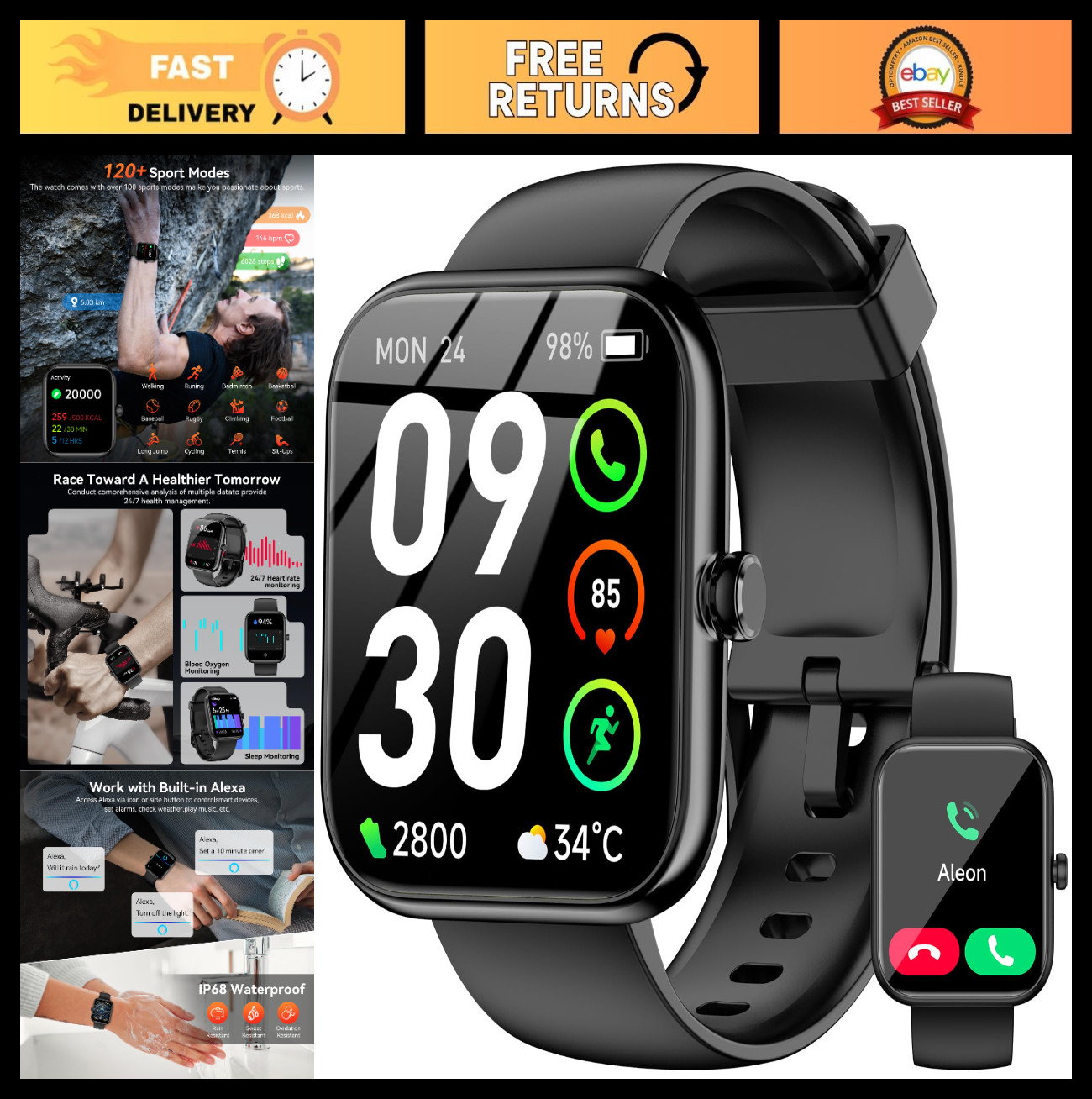 Smart Fitness Watch with Alexa, 1.83″ HD Touchscreen, IP68 Waterproof, Heart Rat
