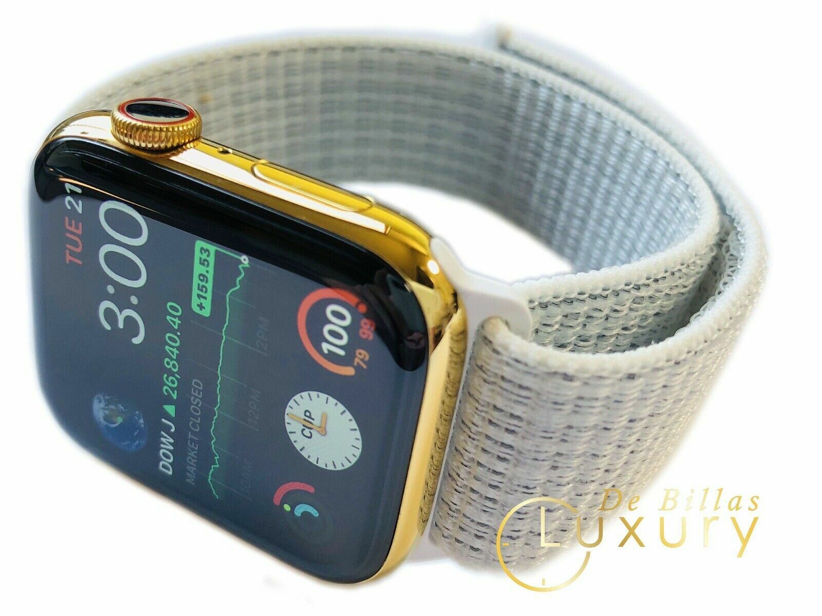 CUSTOM 24K Gold Plated 44MM Apple Watch SERIES 6 White Loop Band LTE+Blood O2