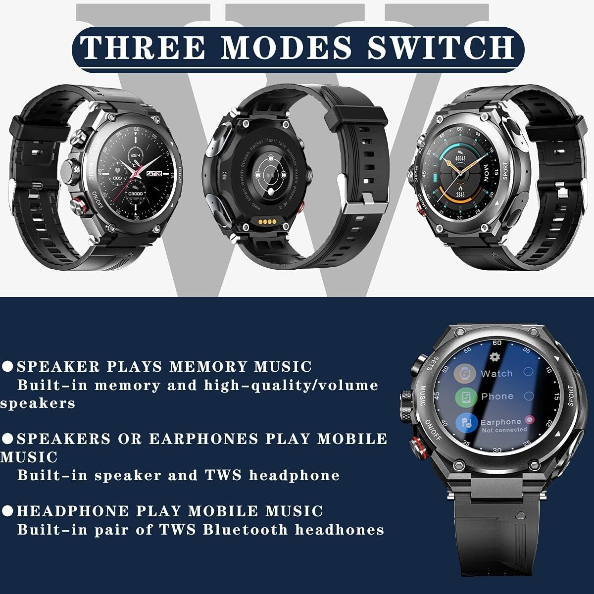 Smart Watch with Earbuds 3 in 1 Round Fitness Tracker 1.28inch for Men Sports