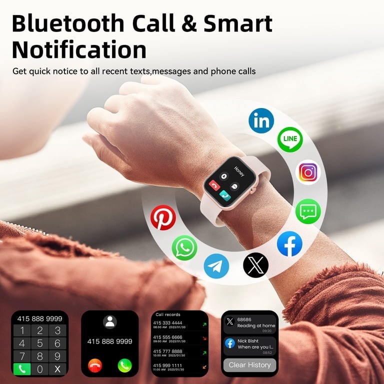 Pink 1.85in Touch Screen Smart Watch Bluetooth Calls Music Control Waterproof