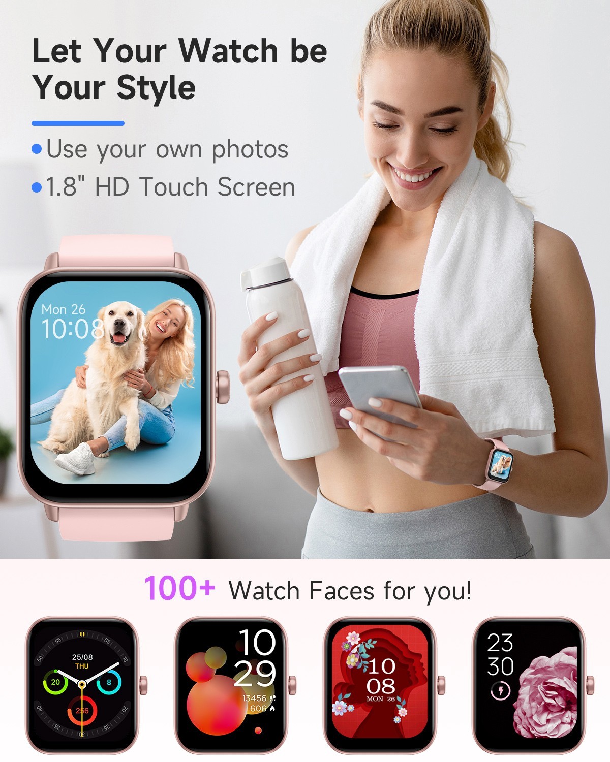 Smart Watch for Women Men for Android iOS, Alexa Built-in, 1.8″ IP68 Waterproof