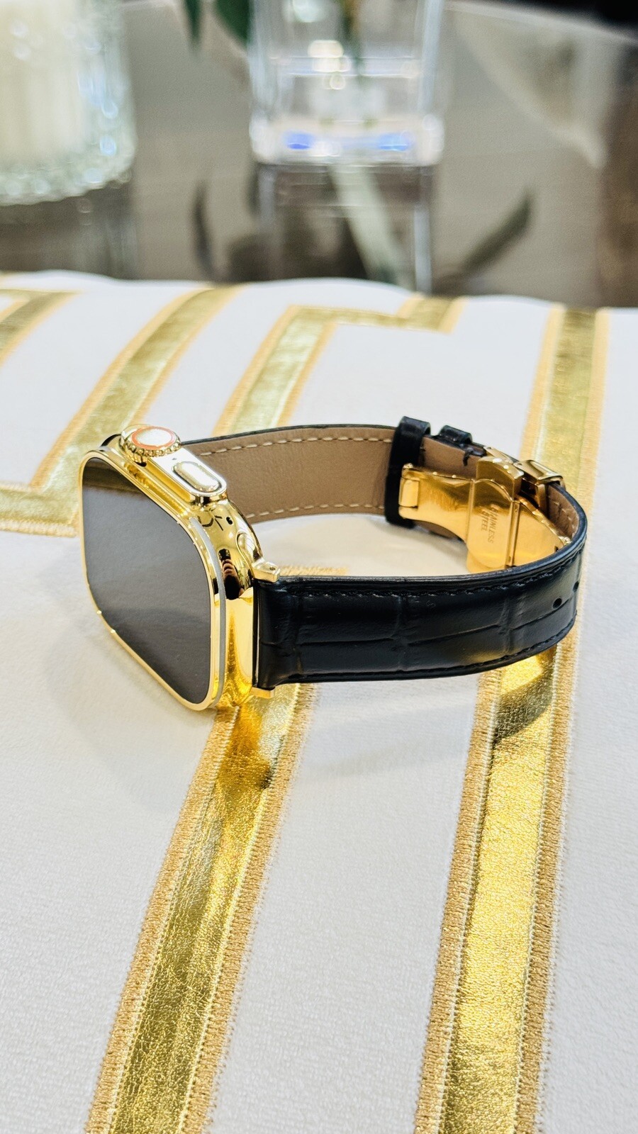 24k Gold Plated Apple Watch ULTRA 2 49mm Black Leather Band Polished CUSTOM