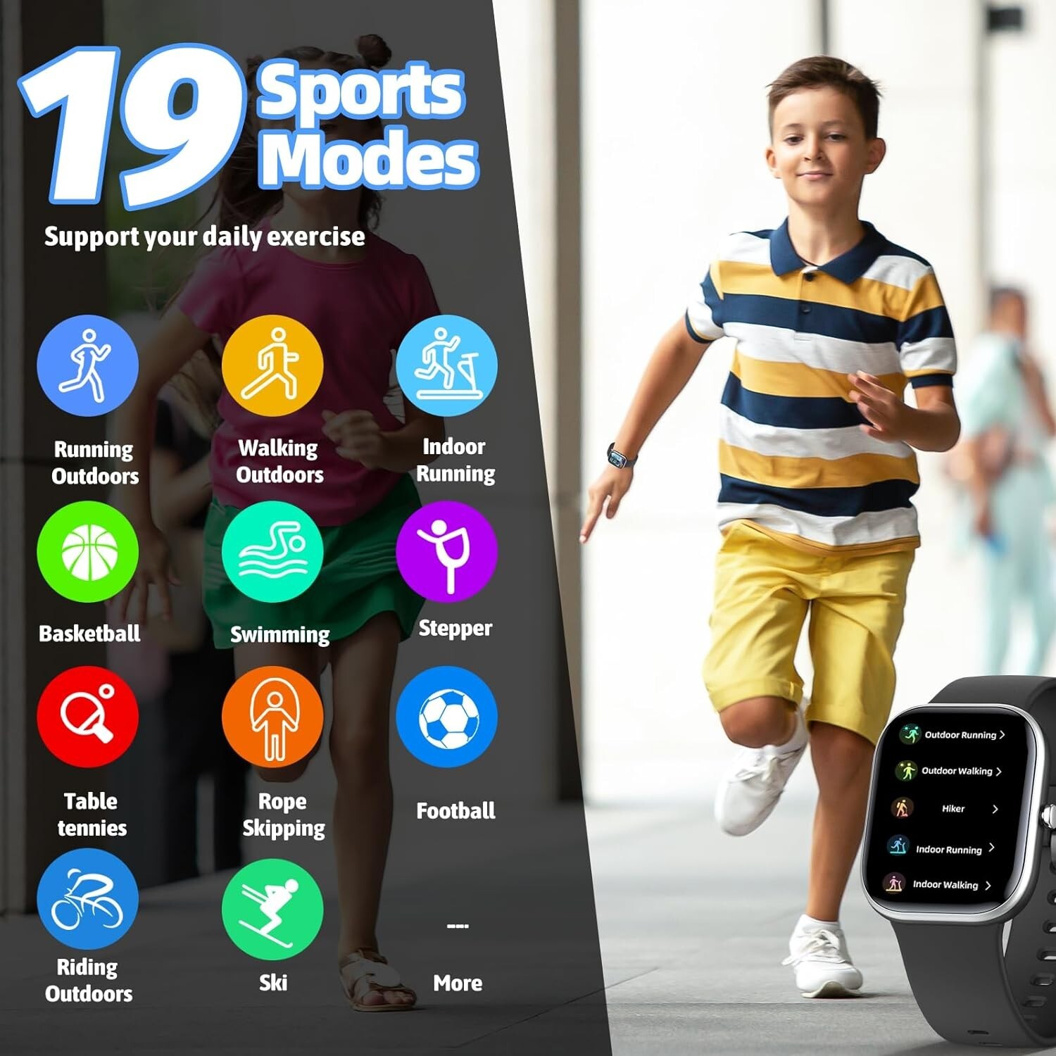 Smart Kids Watch with Fitness Tracker,19 Sport Mode,1.5″ DIY Dial,IP68 Waterproo