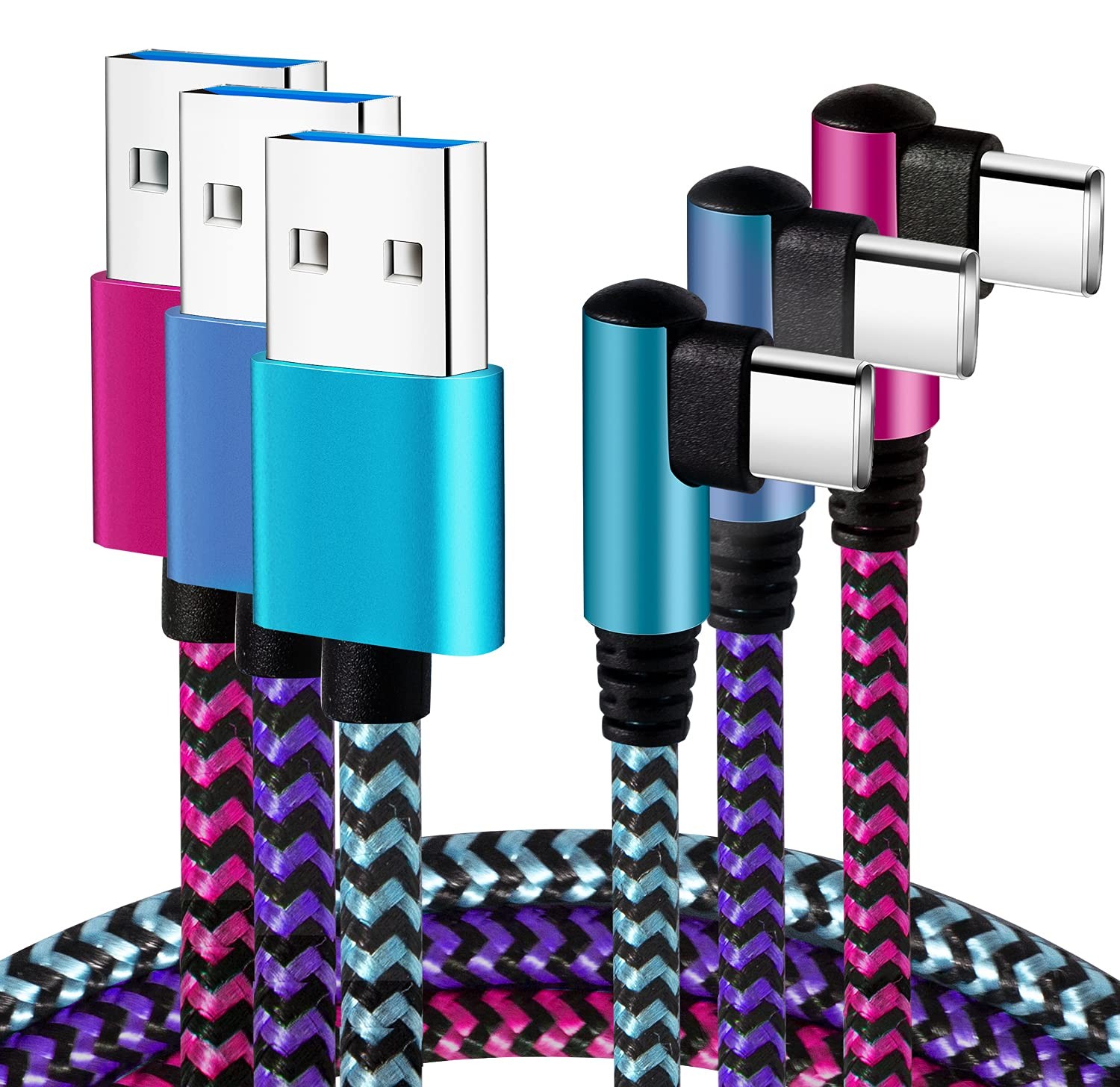 USB C Cable 6ft 3Pack, 90 Degree Right Angle Nylon Braided Cord for Fast Chargin