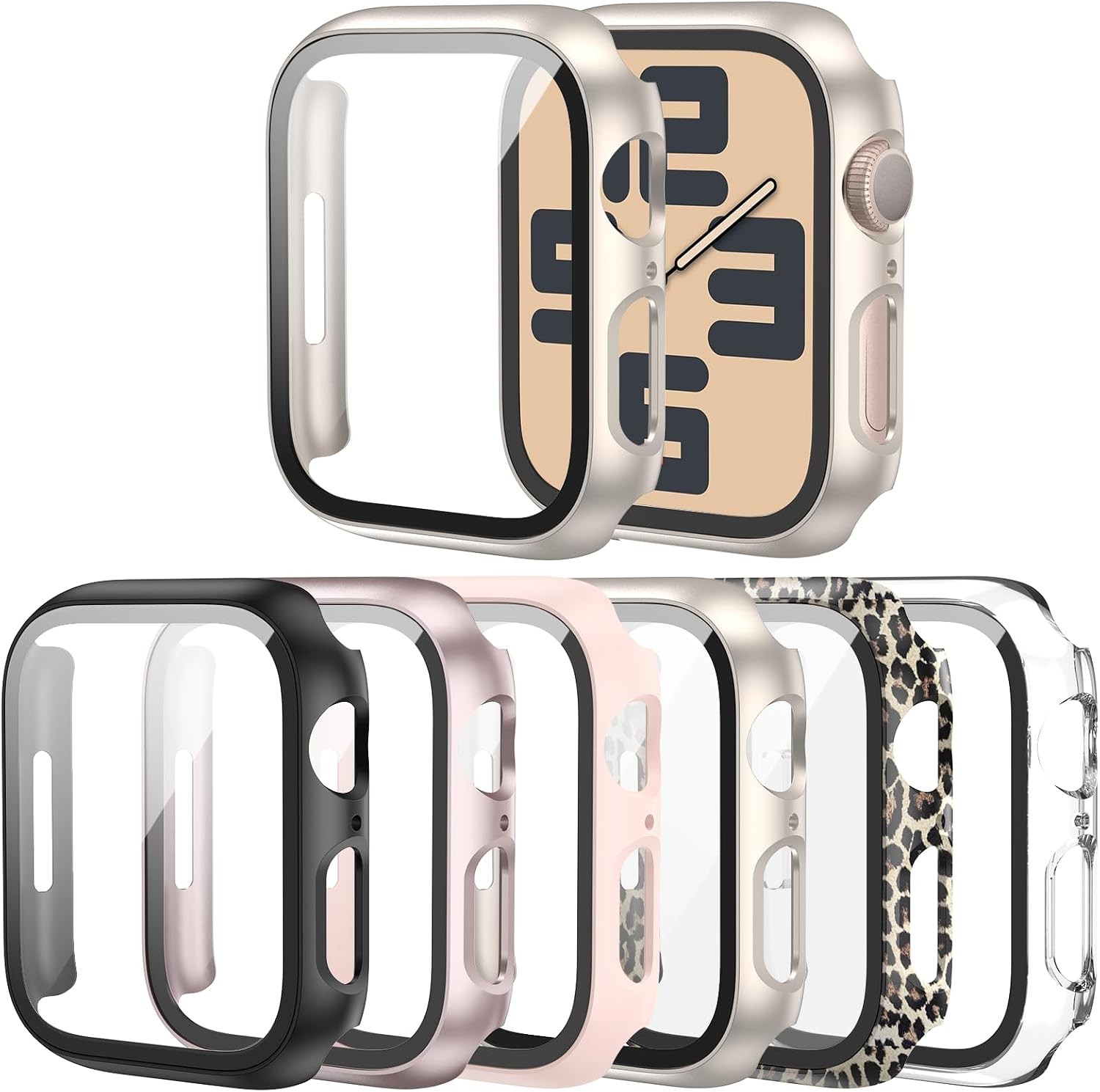 6-Pack Apple Watch 44mm SE 3 (2025) Protective Case with Tempered Glass Shield