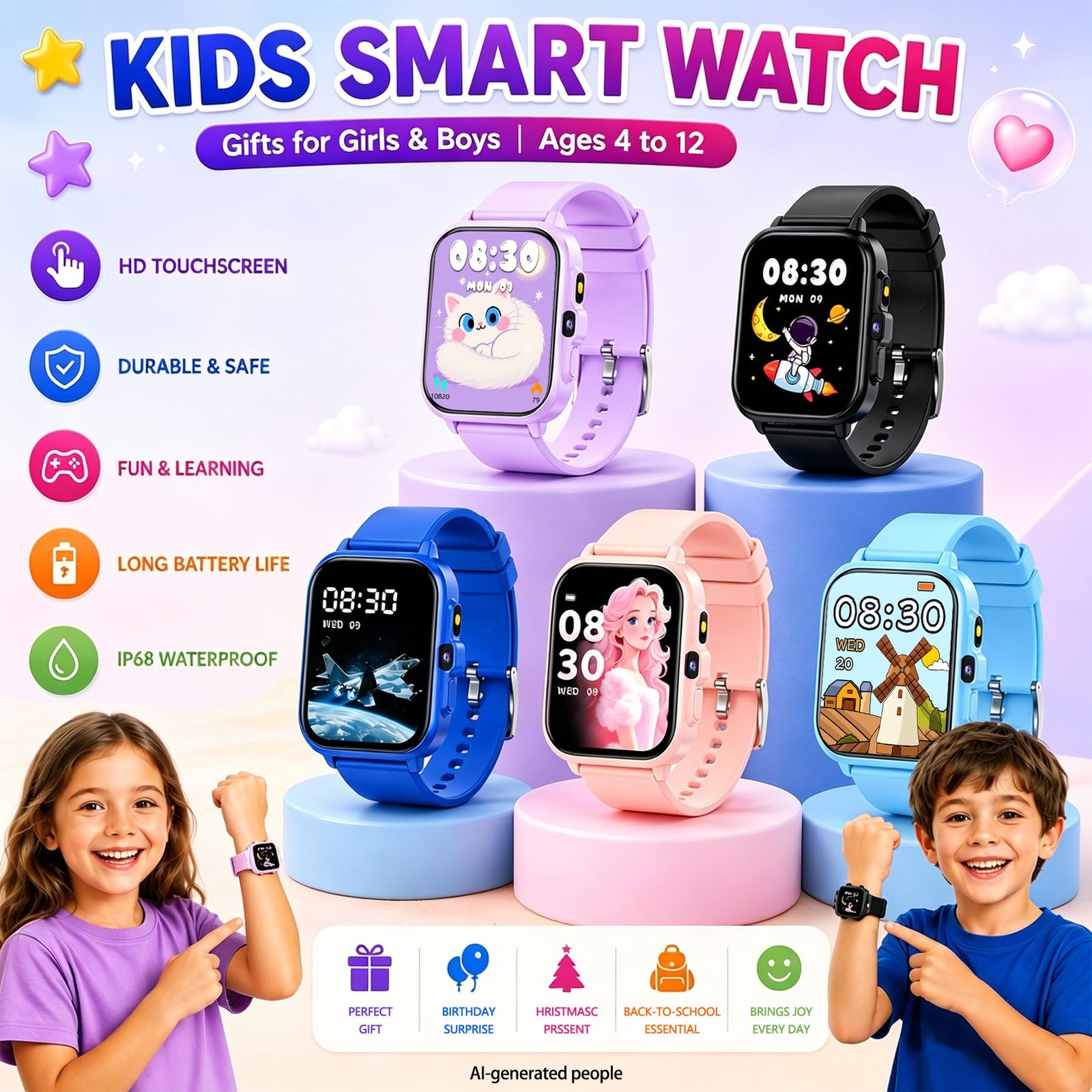 Kids Smart Watch Gifts for Boys Girls, 1.85″ Fitness Tracker Watch with AI