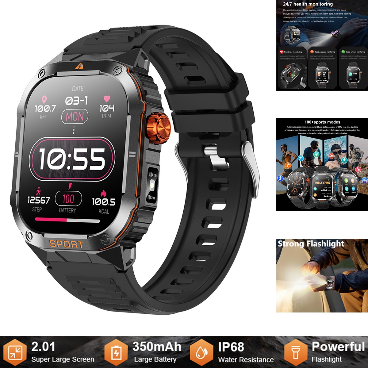 Military Smart Watch Bluetooth Heart Rate Fitness Monitor Waterproof Flashlight