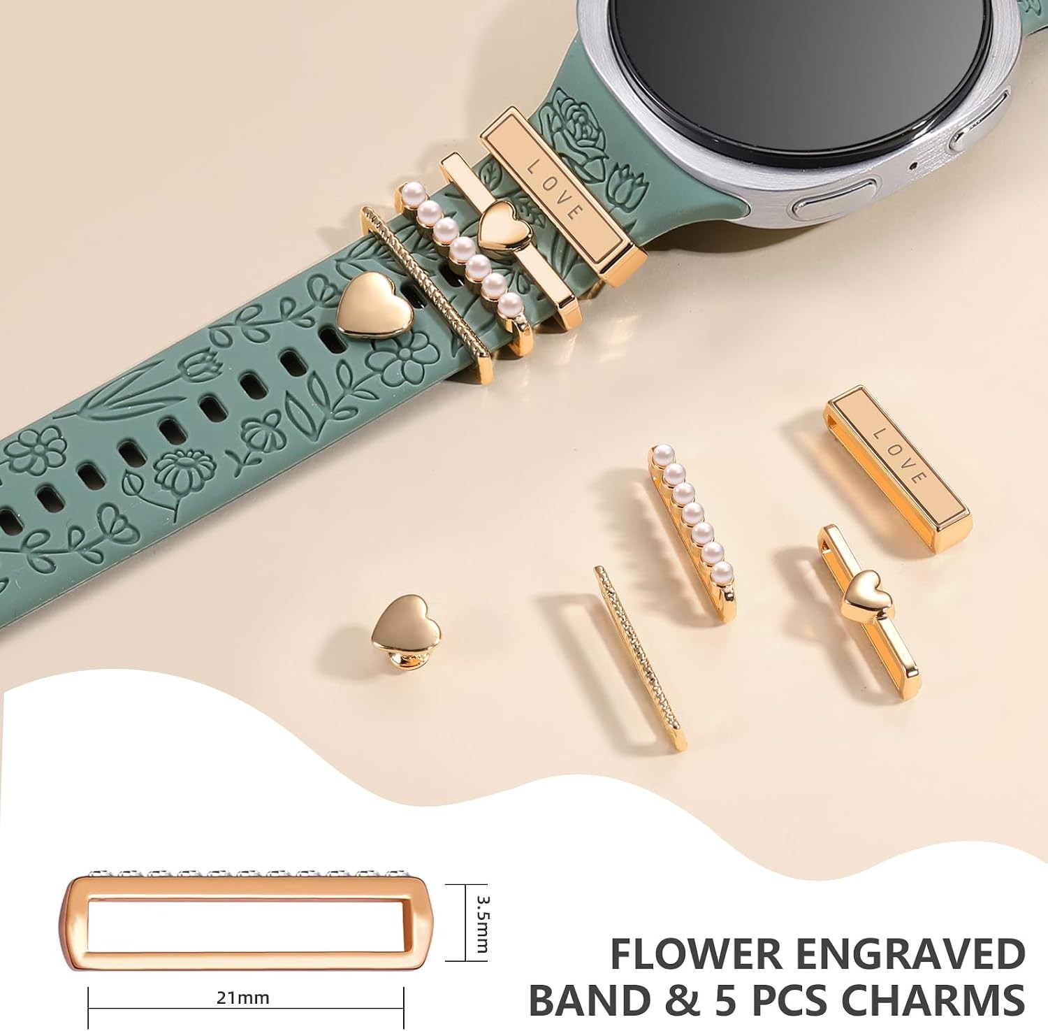 Pine Green Soft Silicone Band with Charms for Samsung Galaxy Watch 8 40mm 44mm