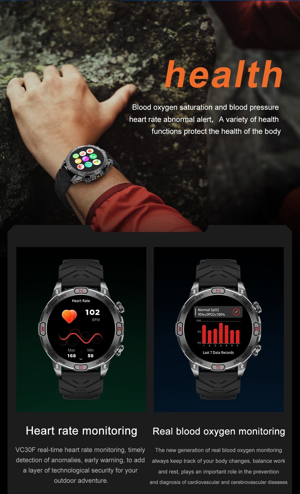 Tactical Smartwatch with Compass 100+Sports Modes Fitness Tracker Heart Rate