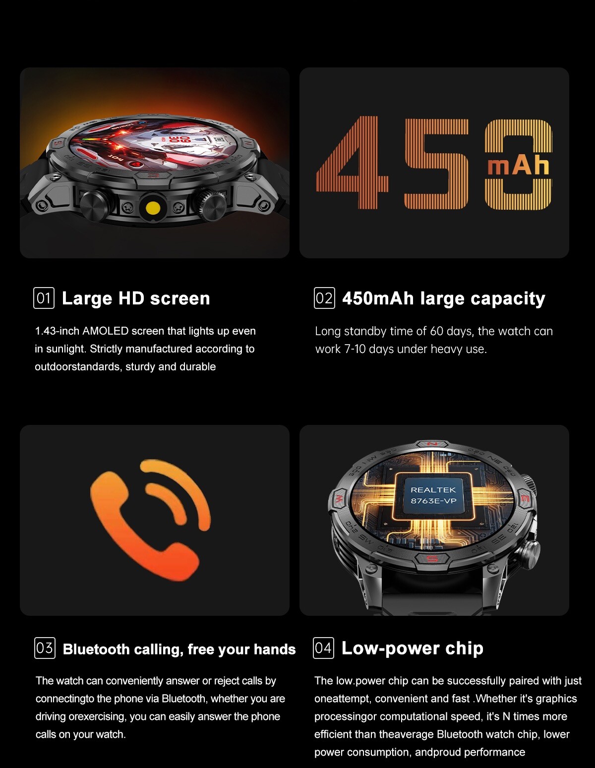 Tactical Smartwatch with Compass 100+Sports Modes Fitness Tracker Heart Rate