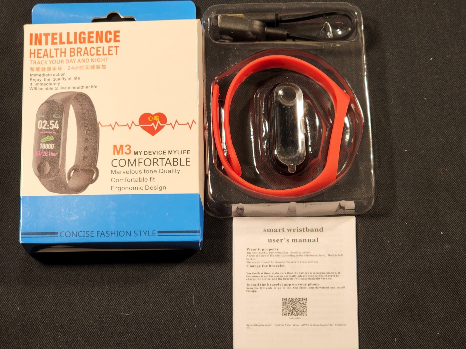 NEW M3 Intelligence Health Bracelet Heart Rate Sleep Calories Steps Clock (RED)