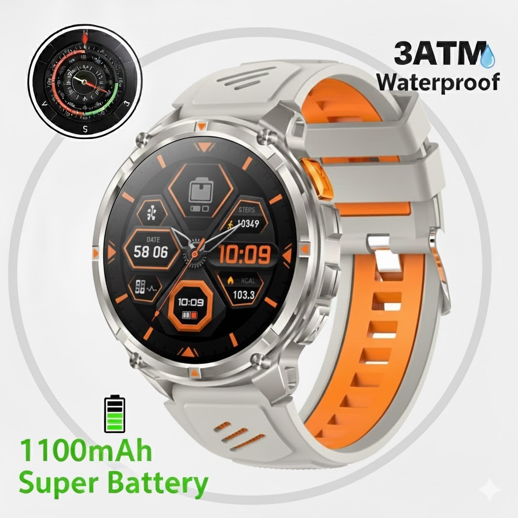 1.7″ Smart Watch Compass 1100mAh 3ATM Waterproof Fitness Tracker BT Call