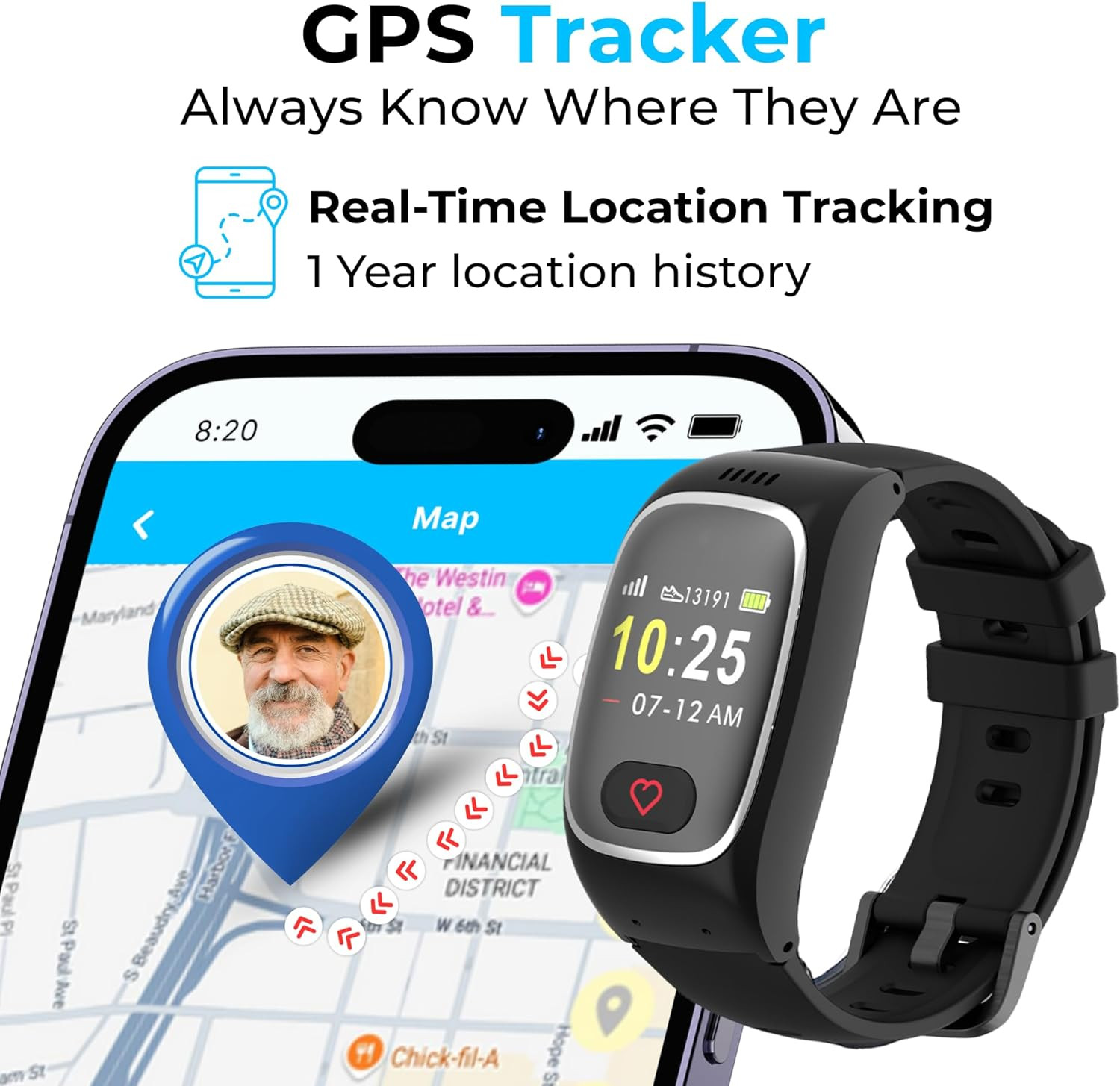Smartwatch: Medical Alert Bracelet with GPS Tracker, Fall Detection Smart Watch,