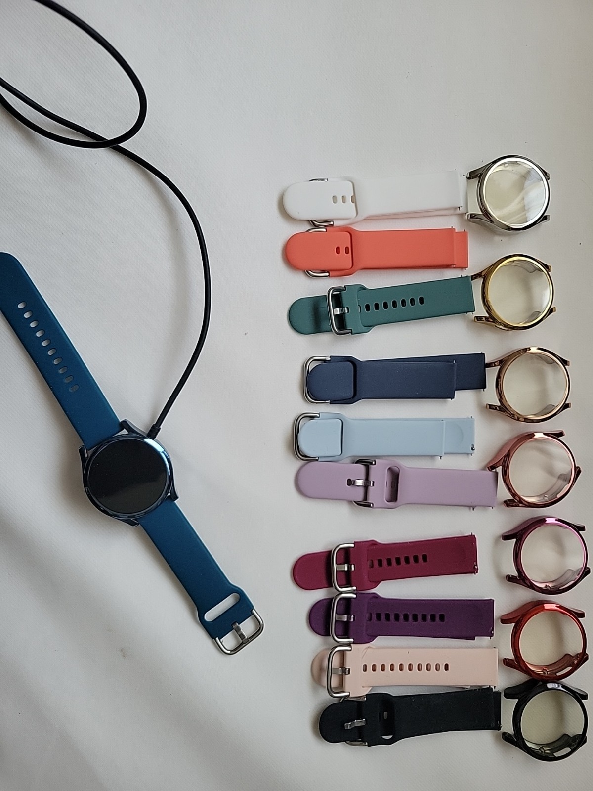 Samsung Smartwatch Blue Silicone Band Metal Case Android iOS Multiple Bands