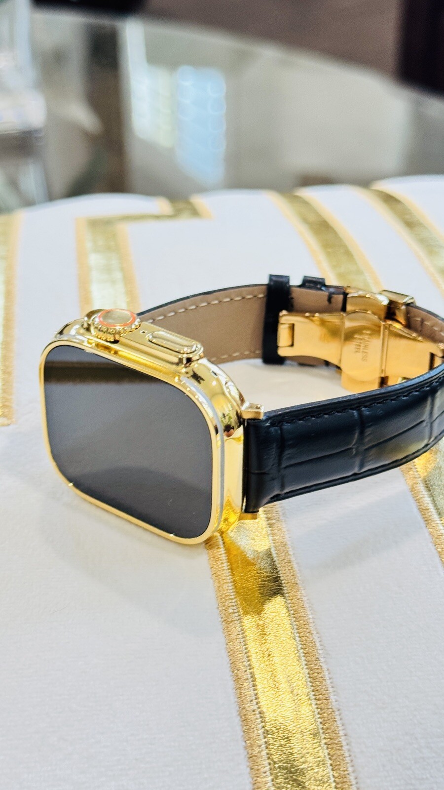 24k Gold Plated Apple Watch ULTRA 2 49mm Black Leather Band Polished CUSTOM