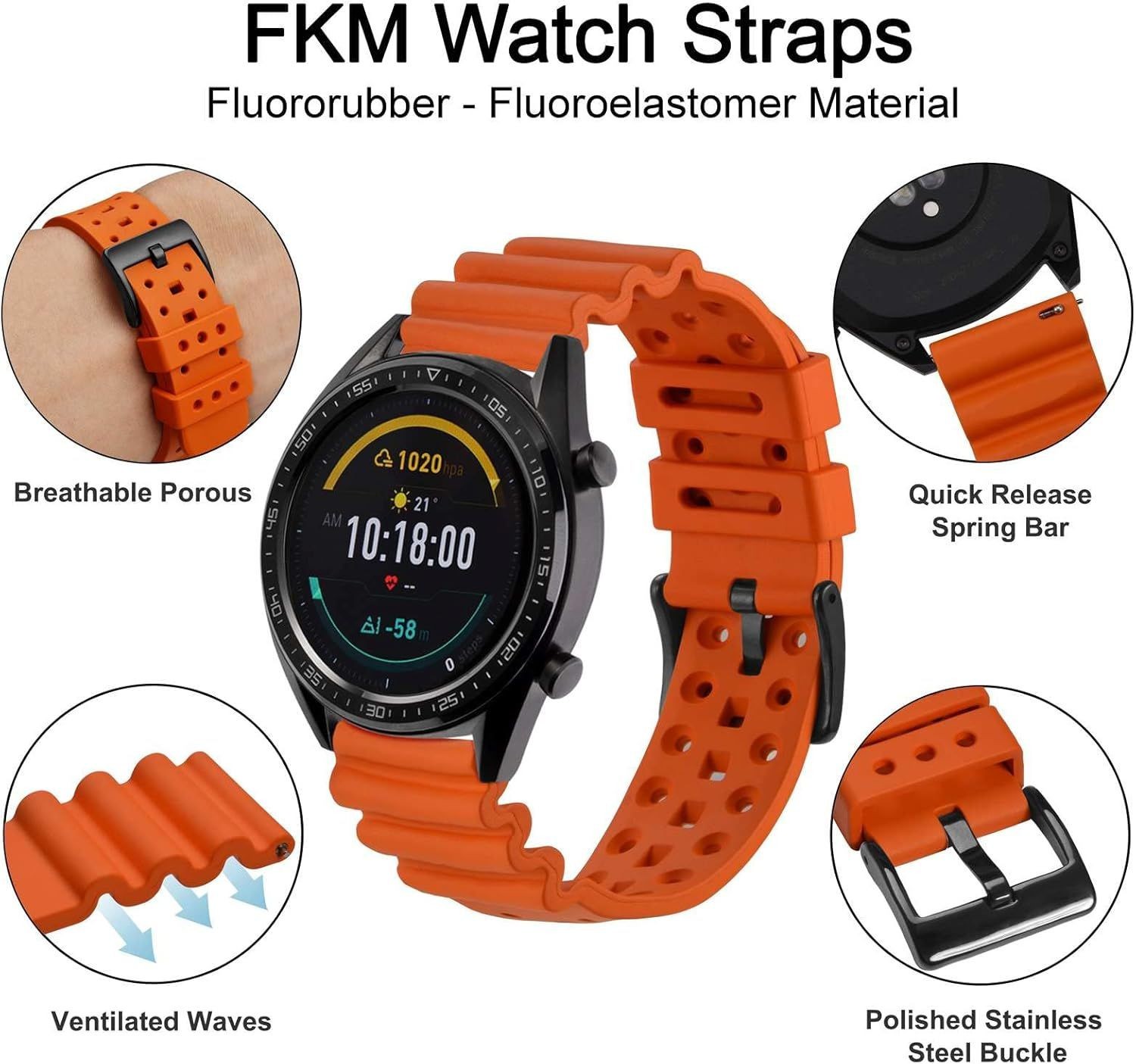 Strap For 24mm, Men, FKM Rubber, Black Buckle, Ventilated, Pumpkin Orange