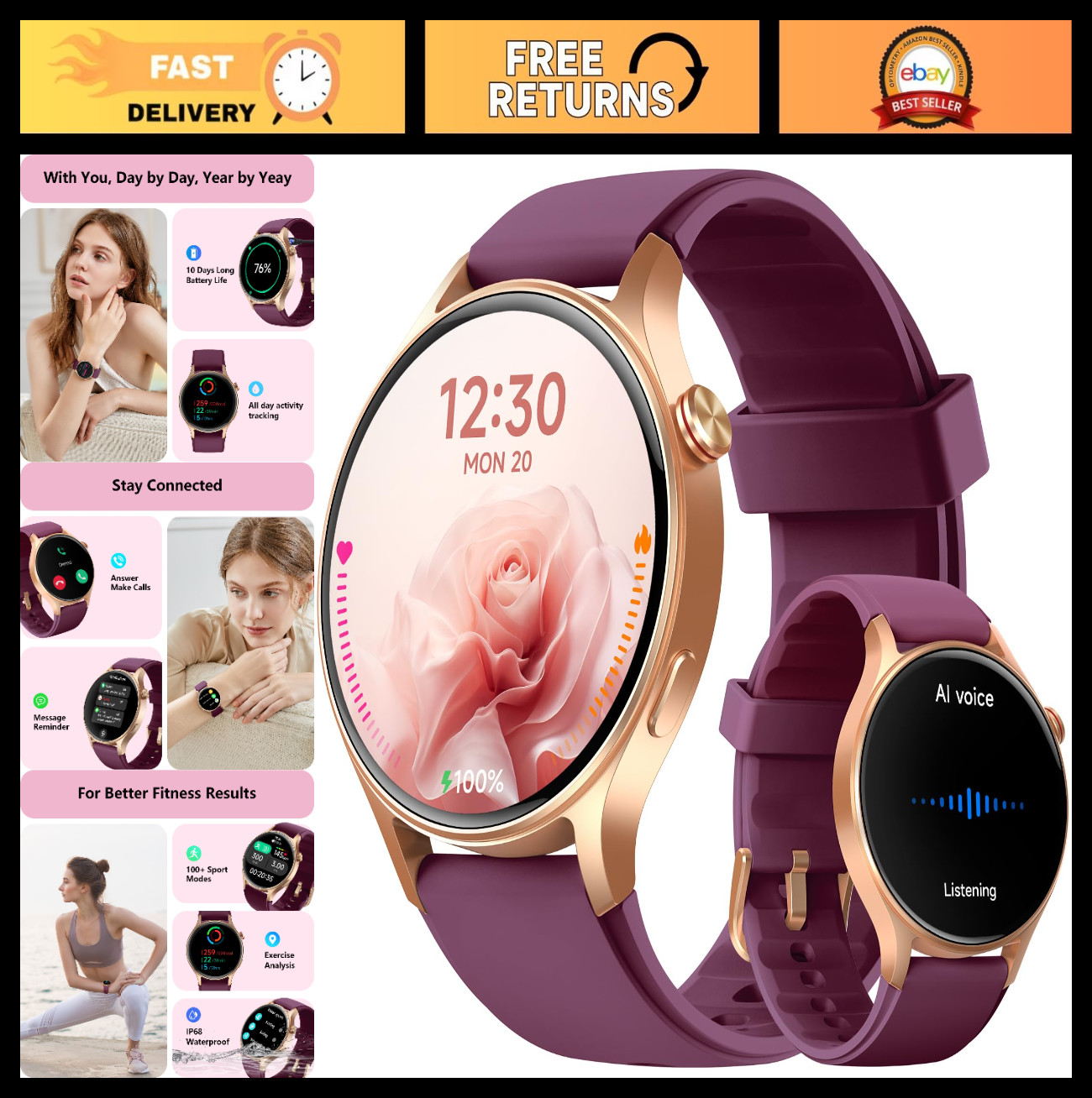Fitness Smart Watch for Women, 1.32” AMOLED Screen, Heart Rate/Sleep Monitor, 1