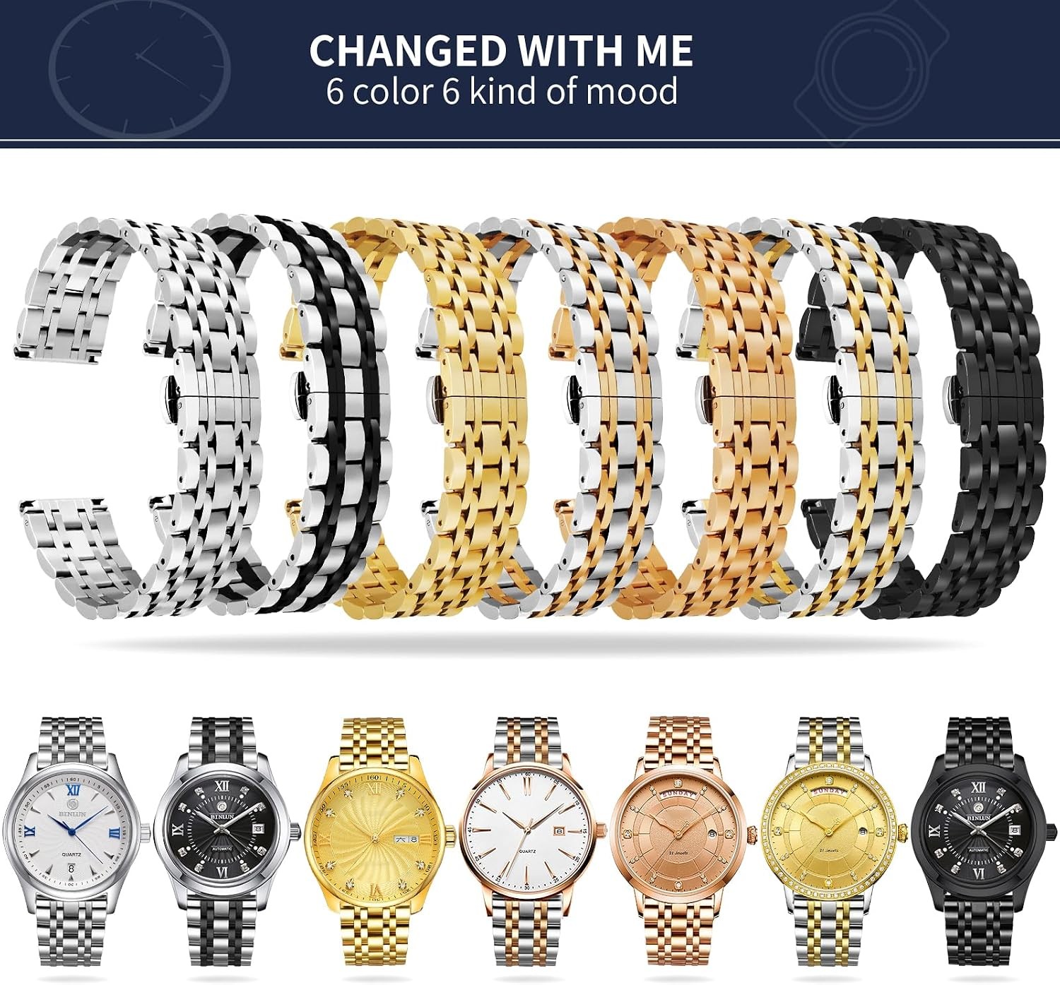 Stainless Steel Watch Band for Men Women 12mm-24mm Adjustable 6 Colors
