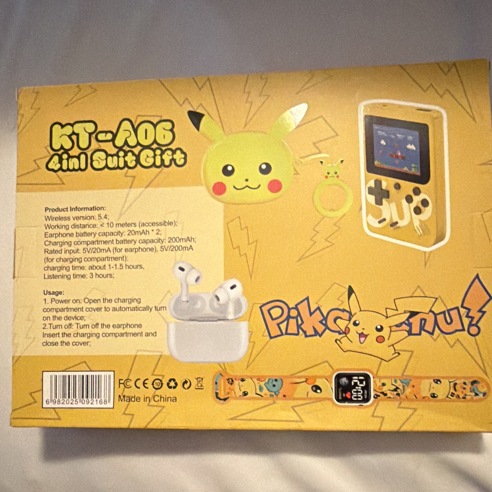KT-A06 Pikachu 4-in-1 Smart Watch Set Bluetooth Yellow Band 28mm Case