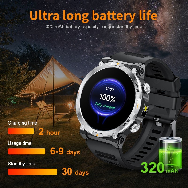 Smart Watch Men Sport Rugged with LED Flashlight Heart Rate 3ATM Waterproof Call