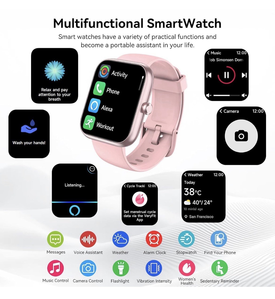 SENBONO Smart Watch Alexa BT Calls 1.83″ HD 120 Sport Modes Health Track -PINK