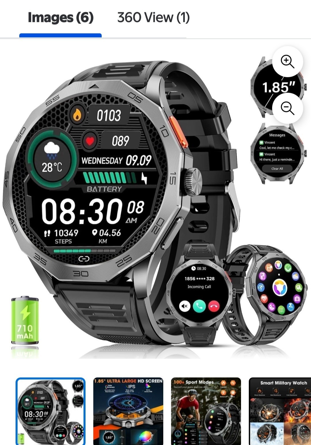 Haulvean NIB 1.85″ Military Smart Watch Fitness Tracker Android Iphone