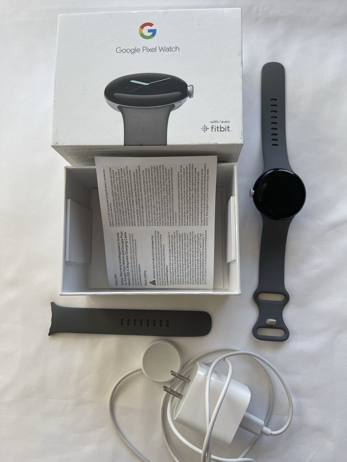 Android Google Pixel Watch Wifi Fitbit with Large and Small Charcoal Bands EUC