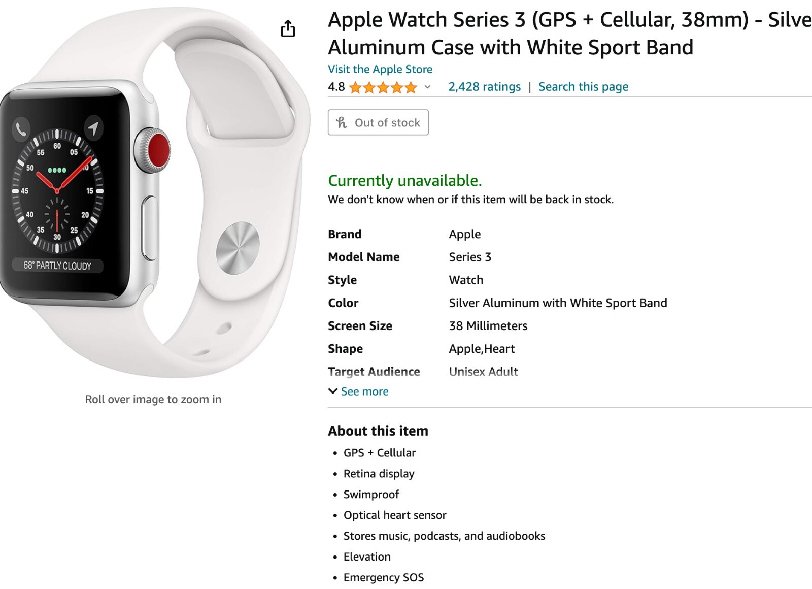 Apple Watch Series 3 38 mm Silver Aluminum Case White Sport Band Smartwatch -…