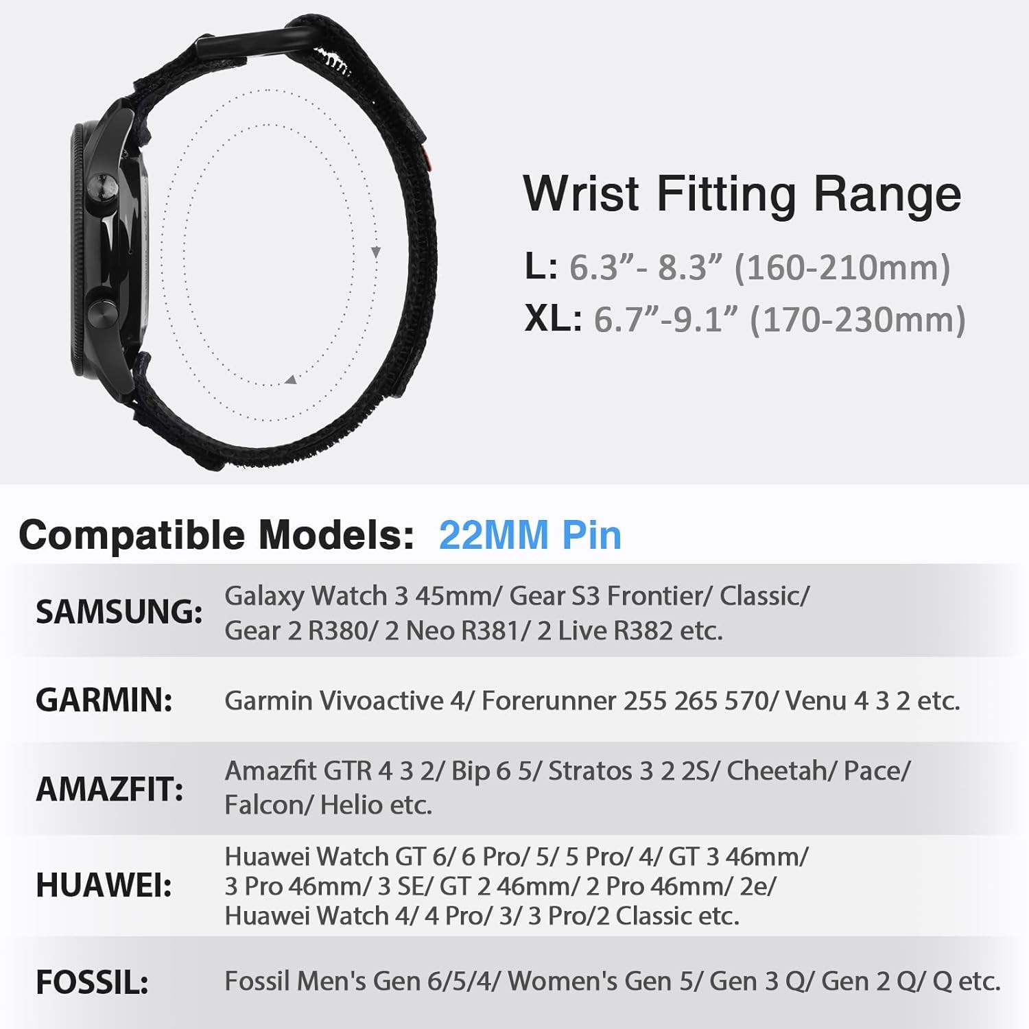 22mm Nylon Band for Garmin Vivoactive 4/Forerunner 255/ Samsung Galaxy Watch 3