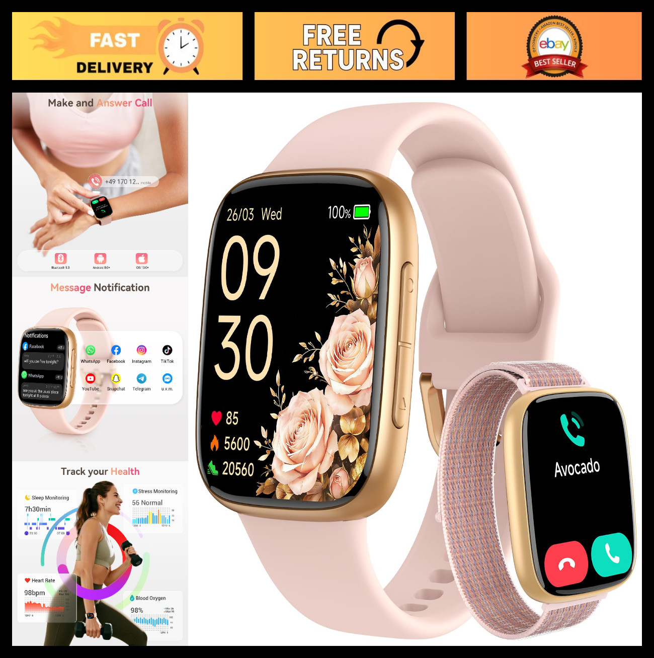 Smart Watch for Women – 1.85″ AMOLED, Waterproof Fitness Tracker, Heart Rate Mon