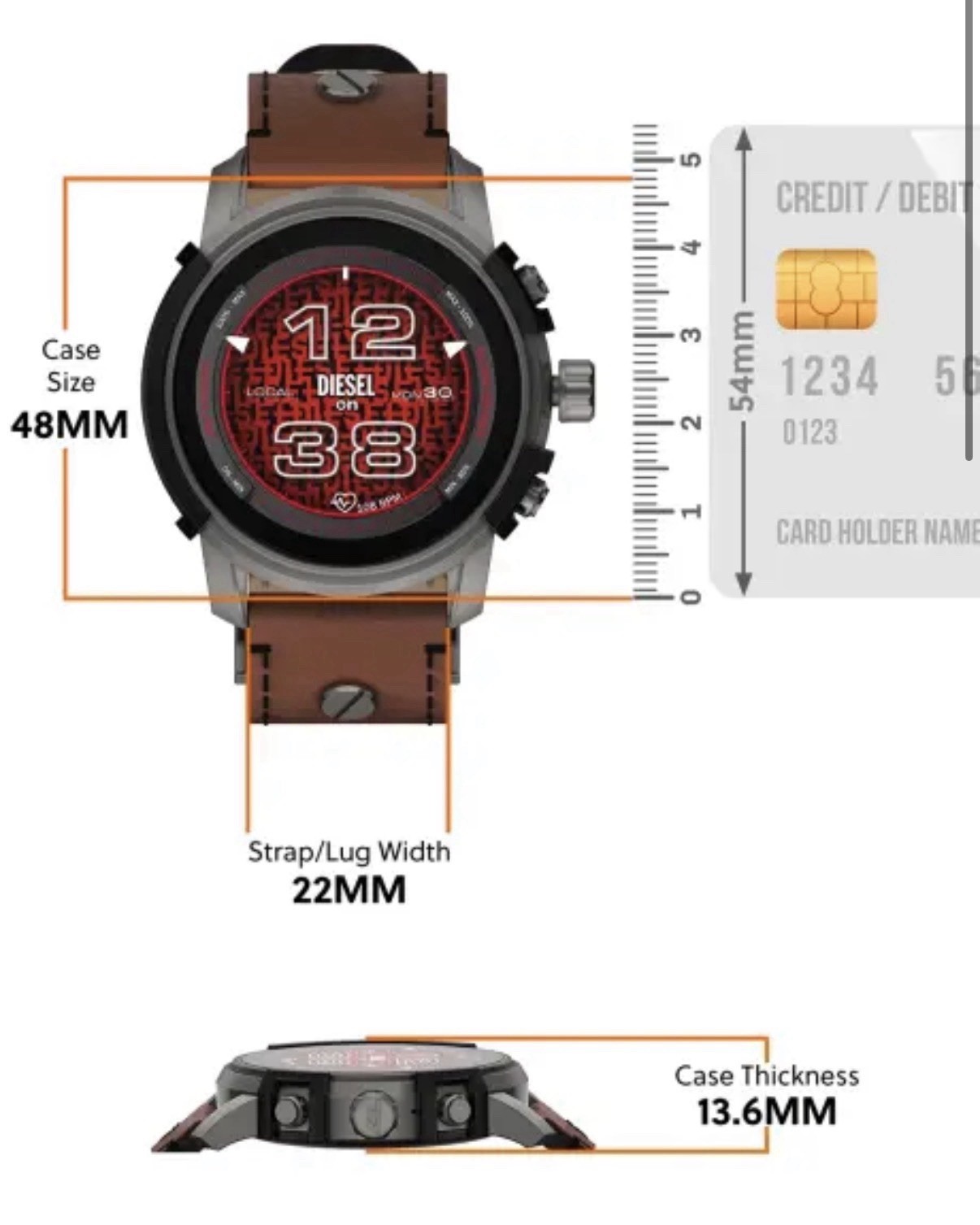 Diesel DT1001 Wear OS Smartwatch 48mm Brown Leather Gray Case HR 8GB