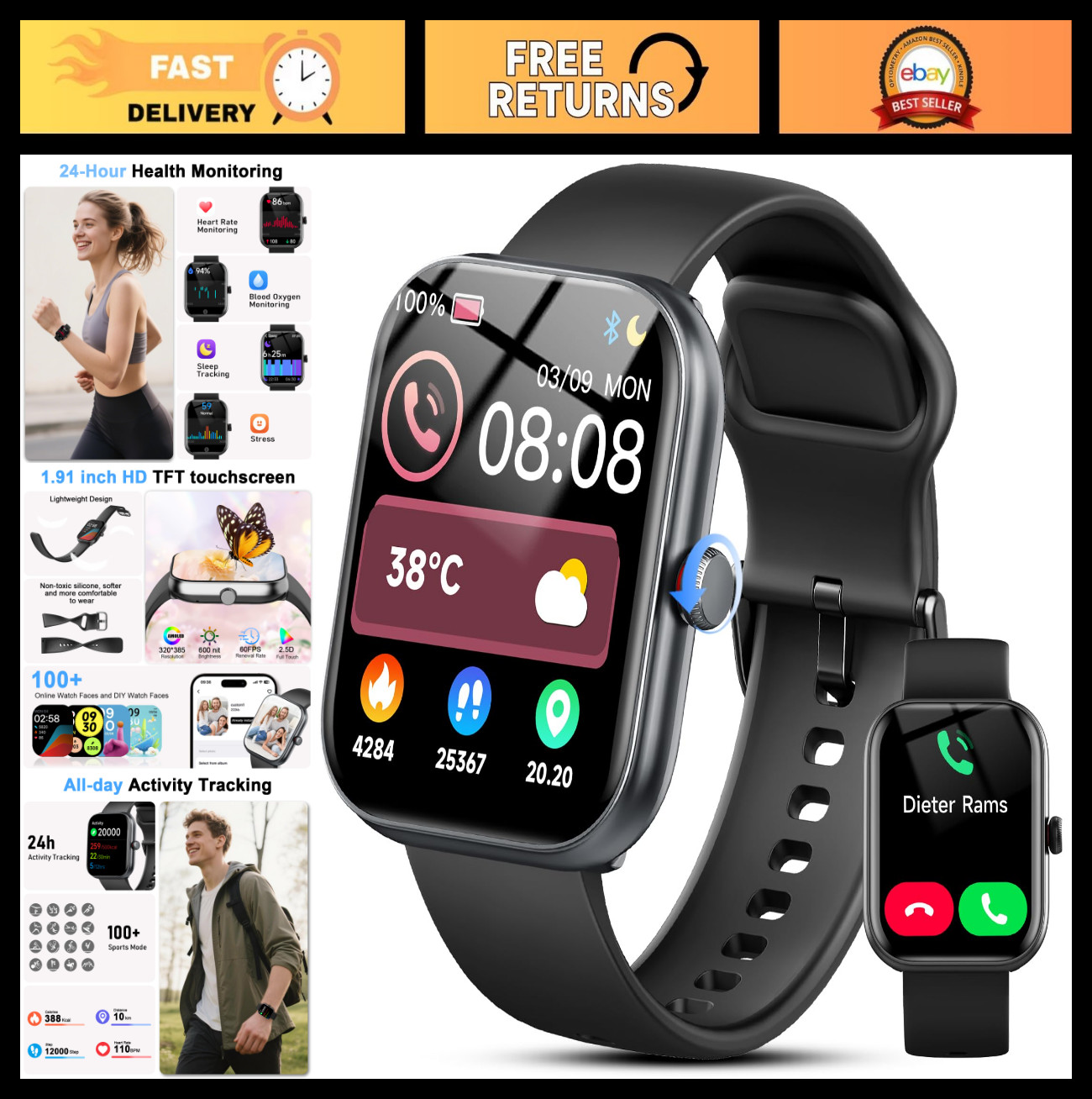 Smartwatch for Men & Women, Alexa, Bluetooth Call, 1.91″ HD Fitness Tracker, Hea