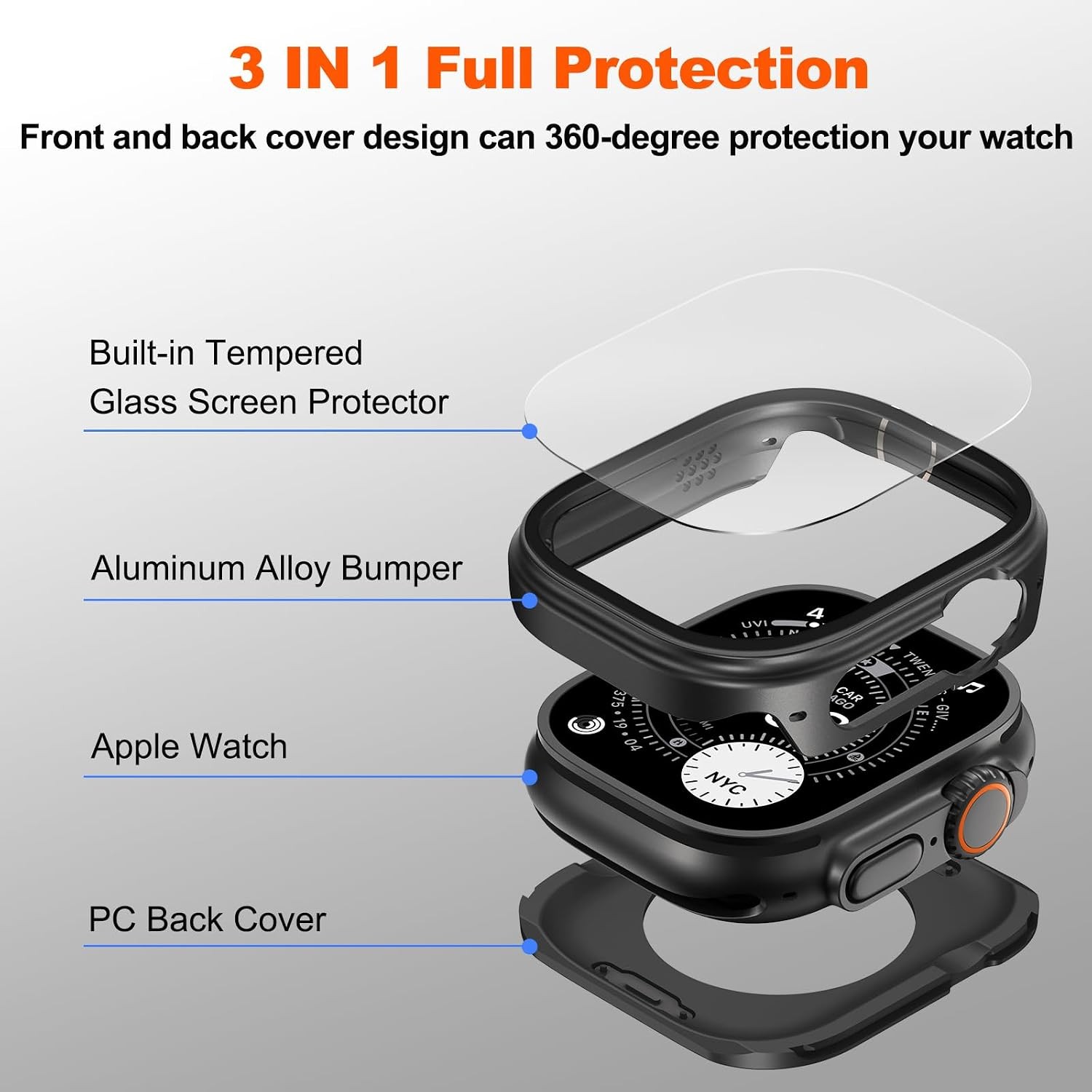 3 in-1 Case for Apple Watch Ultra 49mm, Ultra-Thin Lightweight Screen Protector