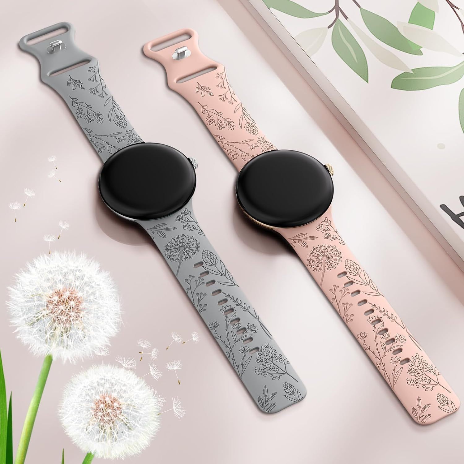 2 Pack Floral Engraved Strap Compatible with Google Pixel Watch 41mm
