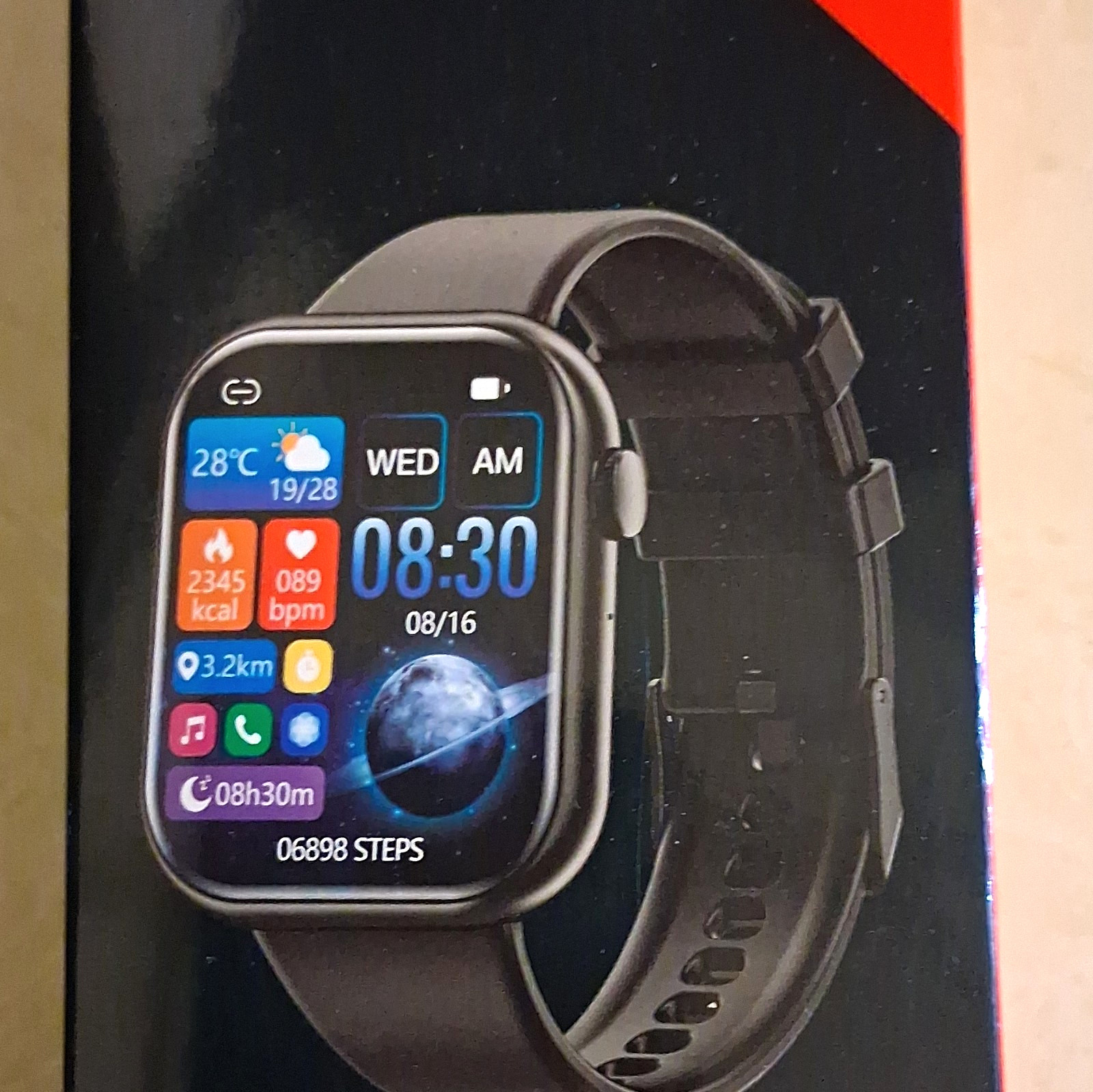 Smart Watch Touchscreen Heart Rate & Step Counter, Black Silicone Band 44mm