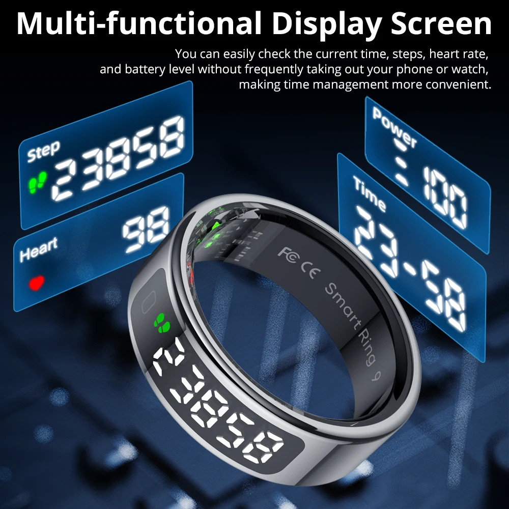 R12 Smart Ring /w Display Screen Touch Control Wireless Charging Health Manager