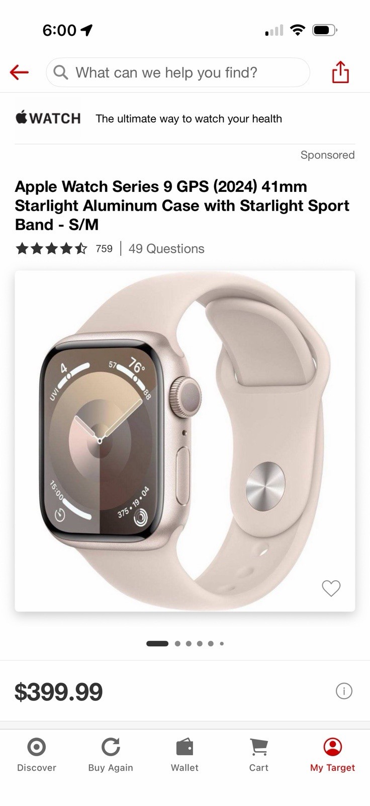Apple Watch Series 9 GPS 41mm Starlight Aluminum Case, Starlight Sport Band S/M