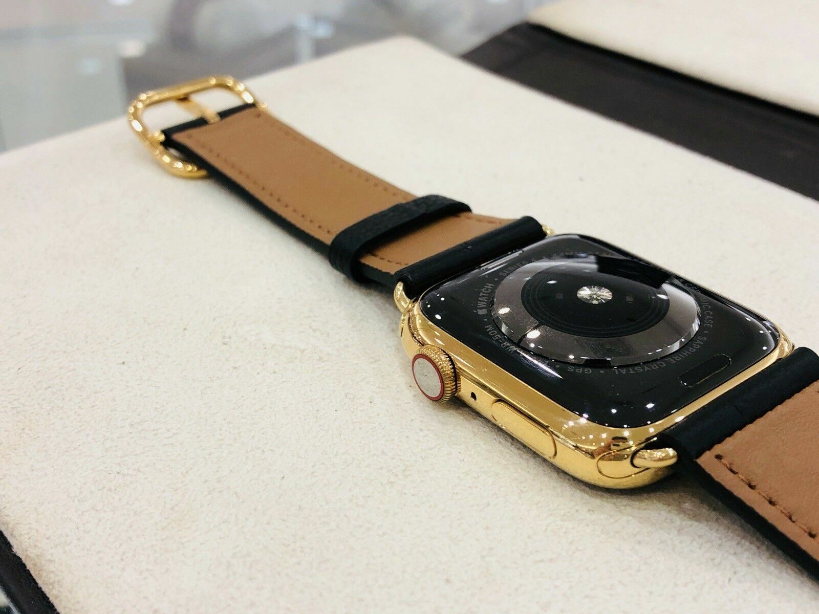 CUSTOM 24K Gold Plated 44MM Apple Watch SERIES 4 Stainless Black Leather GPS+LTE