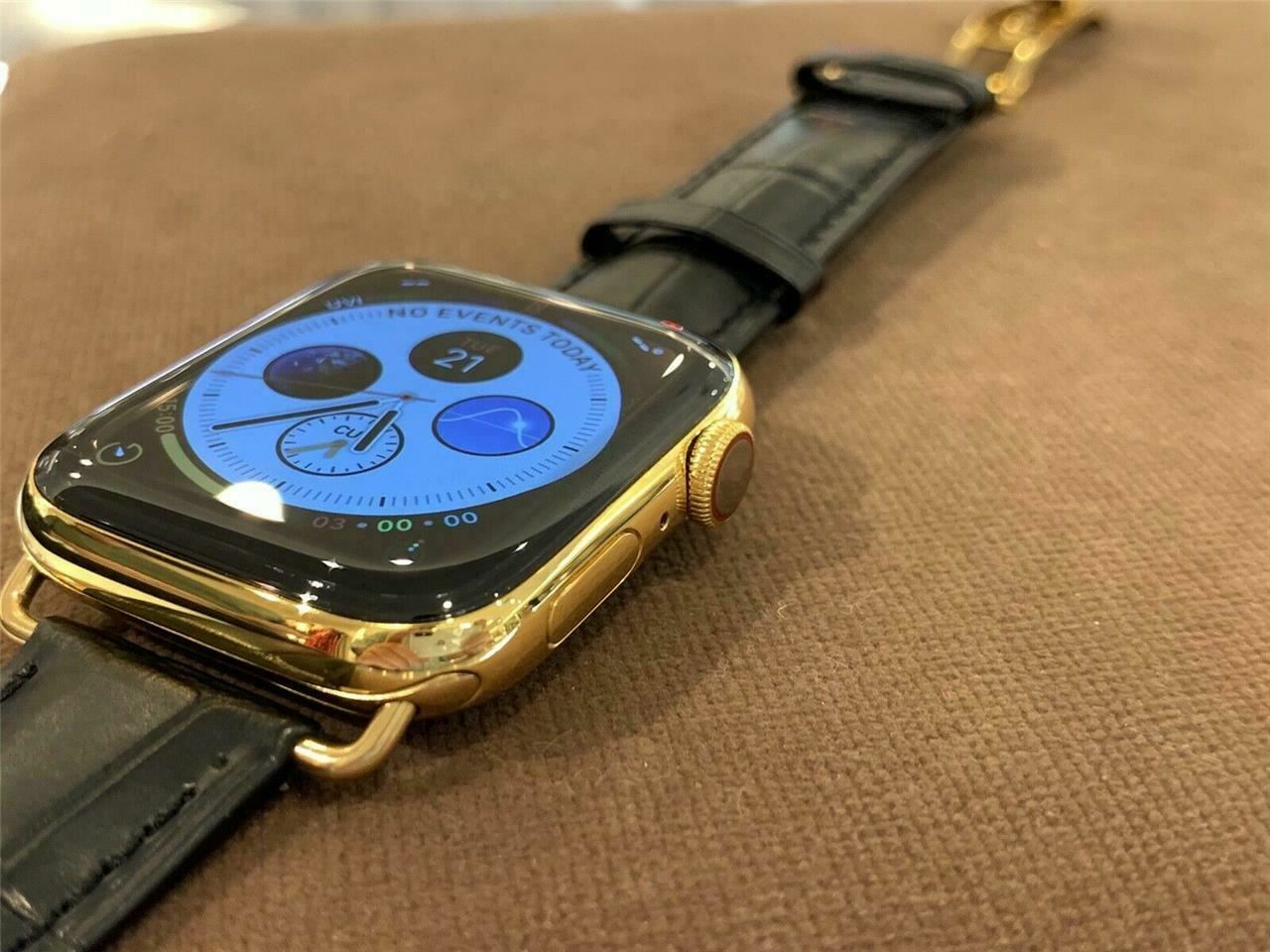 44mm Apple Watch Series 4 Stainless Steel Custom 24K Gold Plated Black Leather B