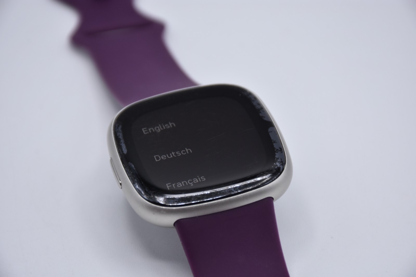 Fitbit Sense 2 Advanced Health Smartwatch Platinum Case Purple Band Scratched
