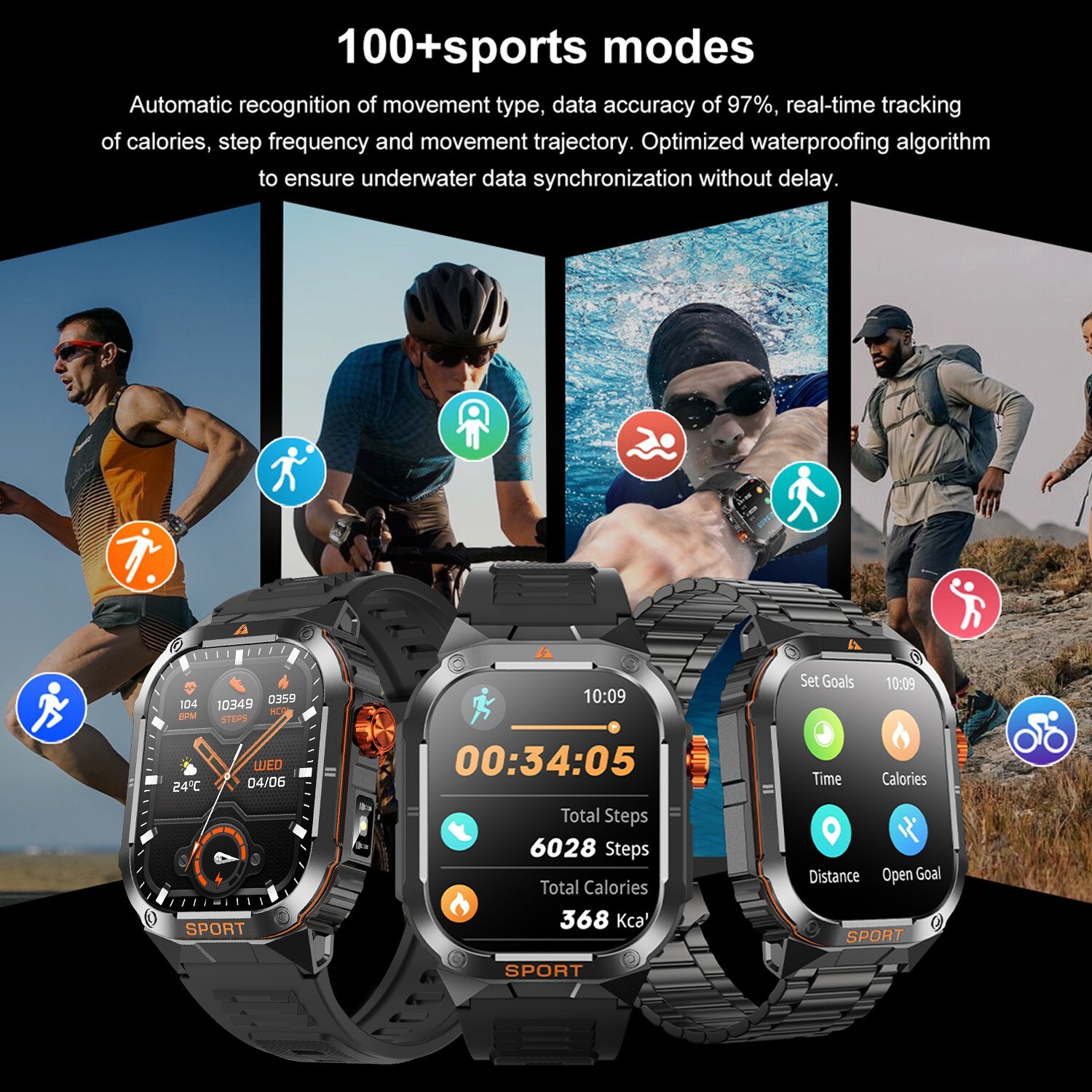 Smart Watch Bluetooth Heart Rate BP Sleep Monitor Waterproof Rugged Sport Watch