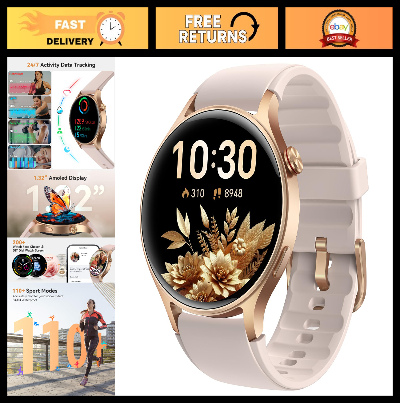 Fitness Smart Watch for Women – 1.32” AMOLED Screen, Call Function, Heart Rate
