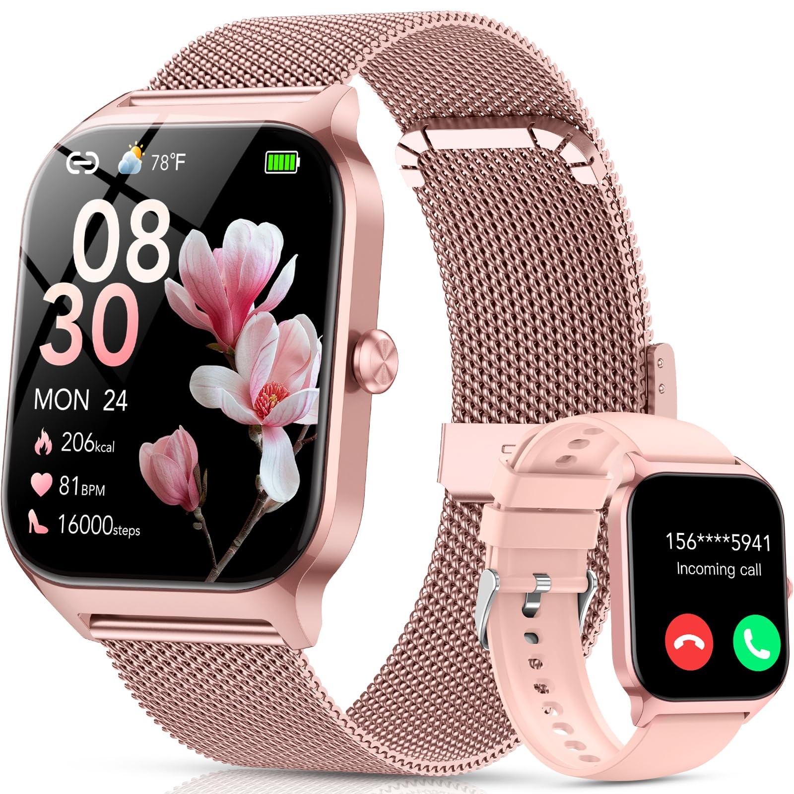 1.85 Inch Smart Watch Women Fitness Tracker Heart Rate Sleep Monitor 2 Bands…